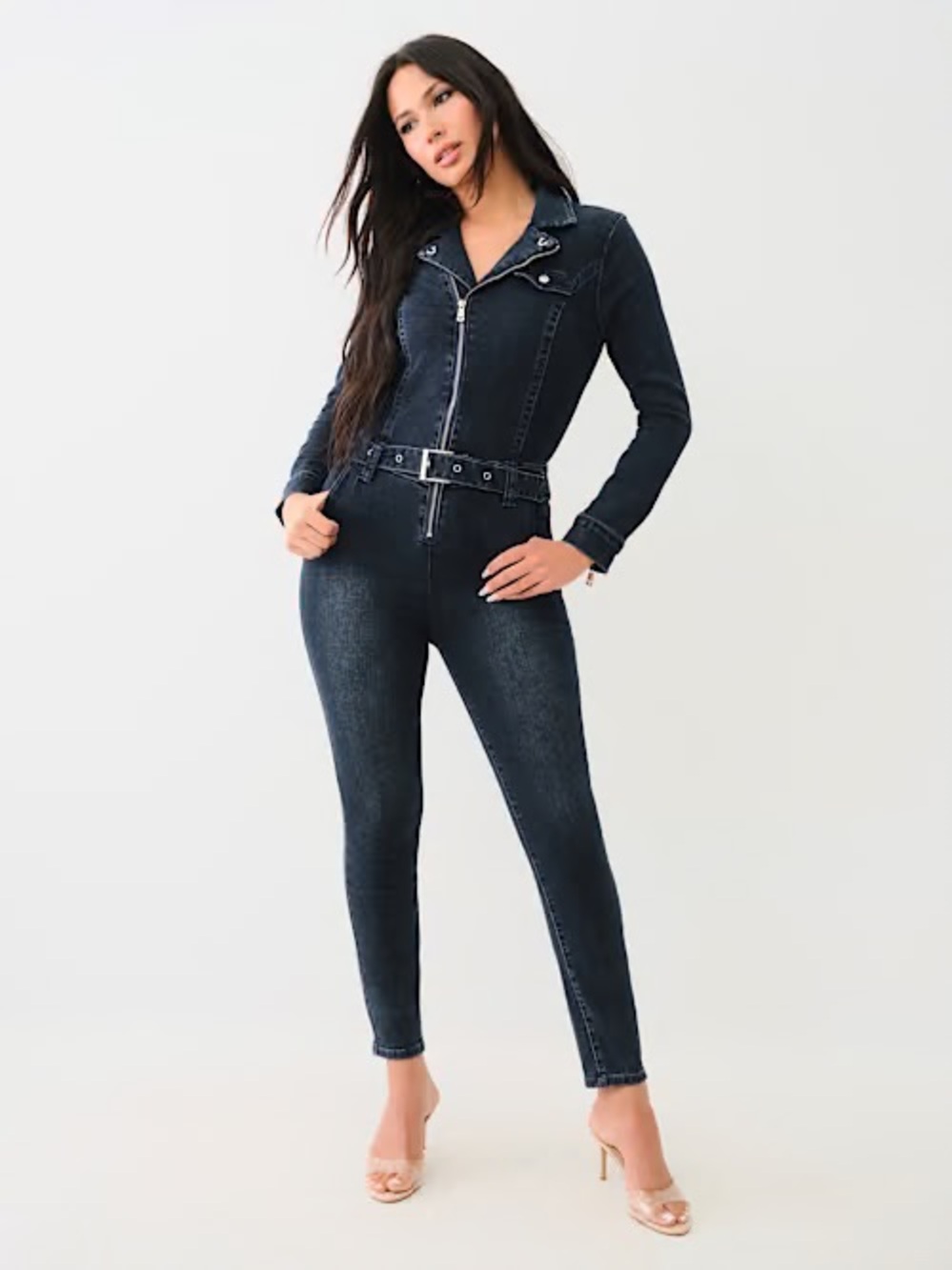 True Religion Dark Blue Denim Moto Jumpsuit romper NWT M New Medium 27” insea S8